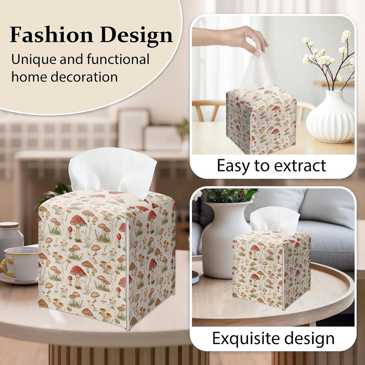 Forest Mushrooms Pattern Tissue Box Cover, Plants Design Leather Tissue Box Holder-Waterproof, Desktop Decor for Living Room Bedroom Nightstand Office, Gift for Women & Friend-A16