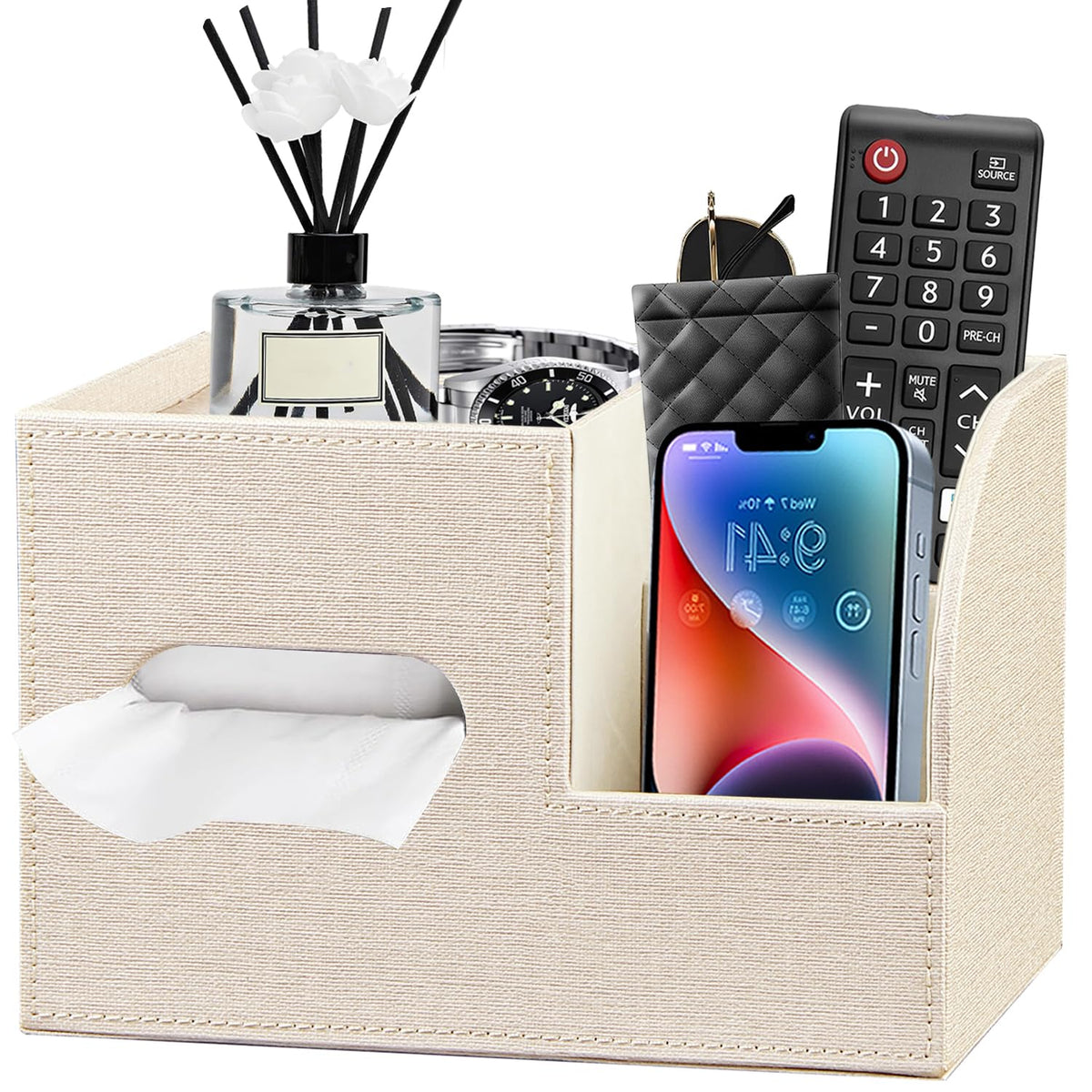 PU Leather Square Tissue Box Cover with Storage Tray,Cube Tissue Box Holder