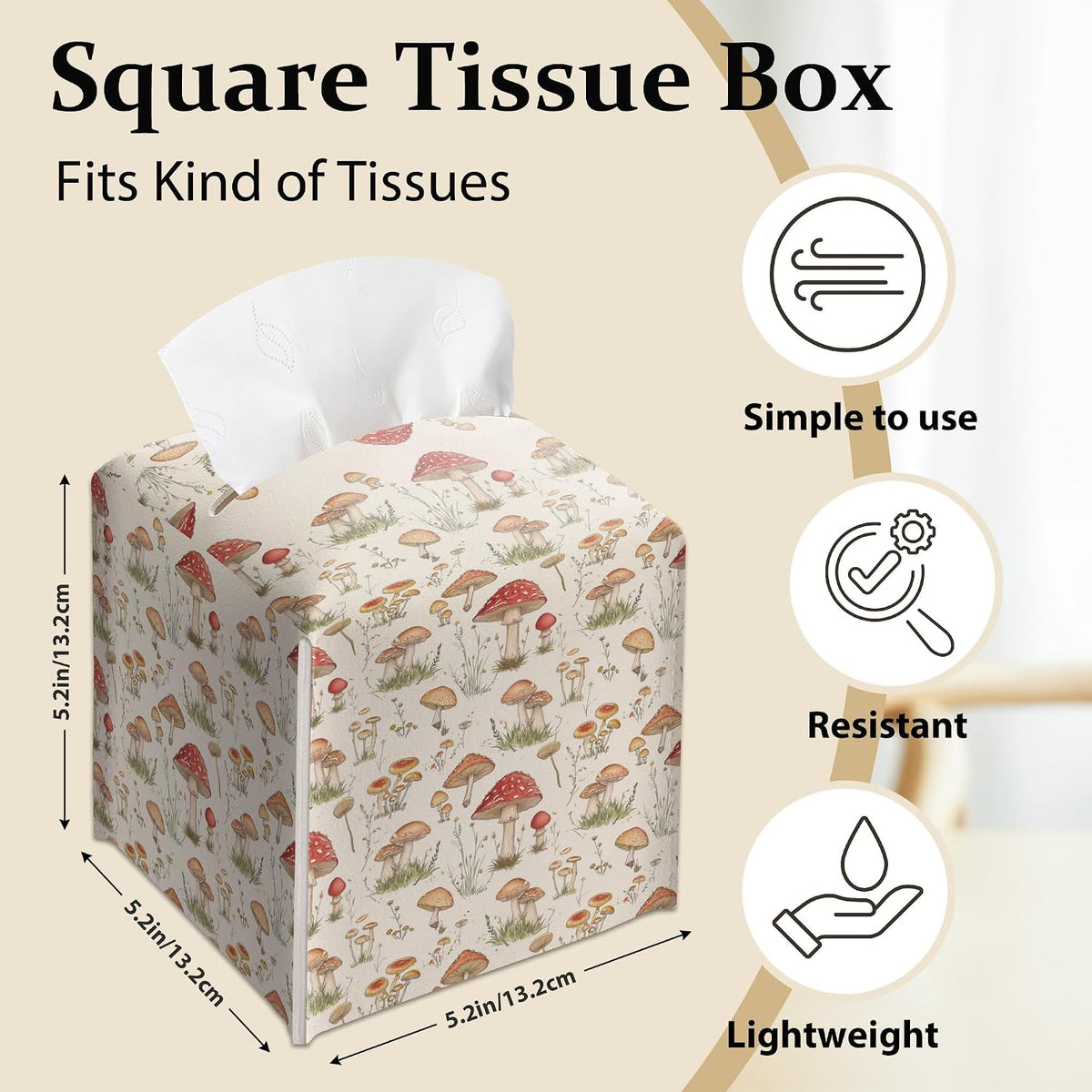 Forest Mushrooms Pattern Tissue Box Cover, Plants Design Leather Tissue Box Holder-Waterproof, Desktop Decor for Living Room Bedroom Nightstand Office, Gift for Women & Friend-A16