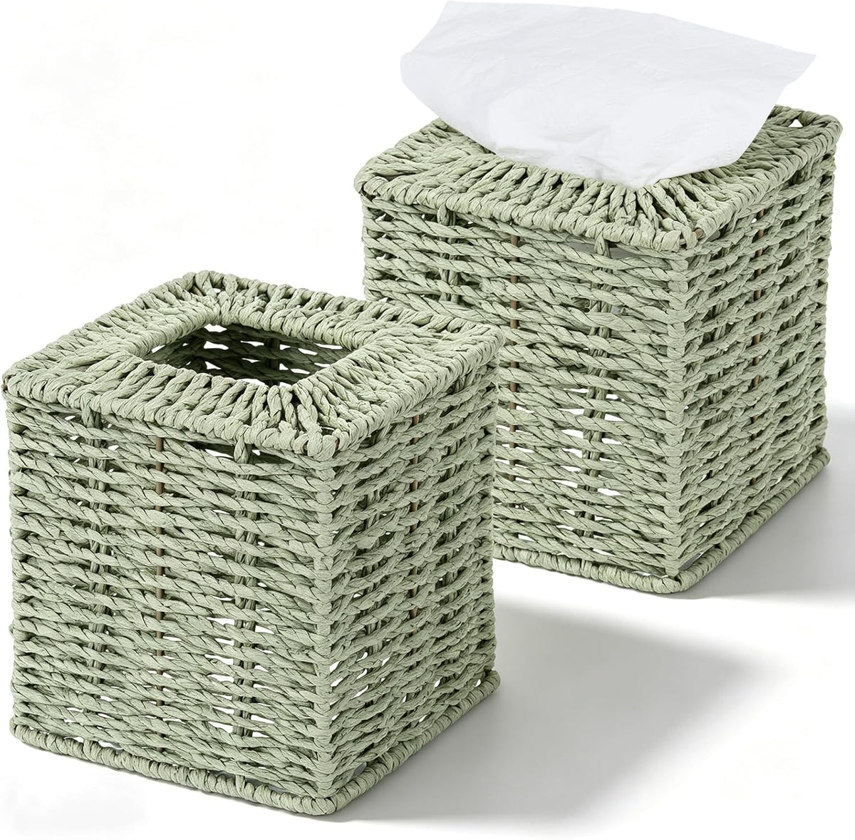 2 Pack Sage Green Tissue Box Cover Decorative Square Boho Natural Paper Rope Hand Woven Tissue Box Holder for Bathroom Bohemian Desk Bathroom Dresser Living Room Office Storage Container
