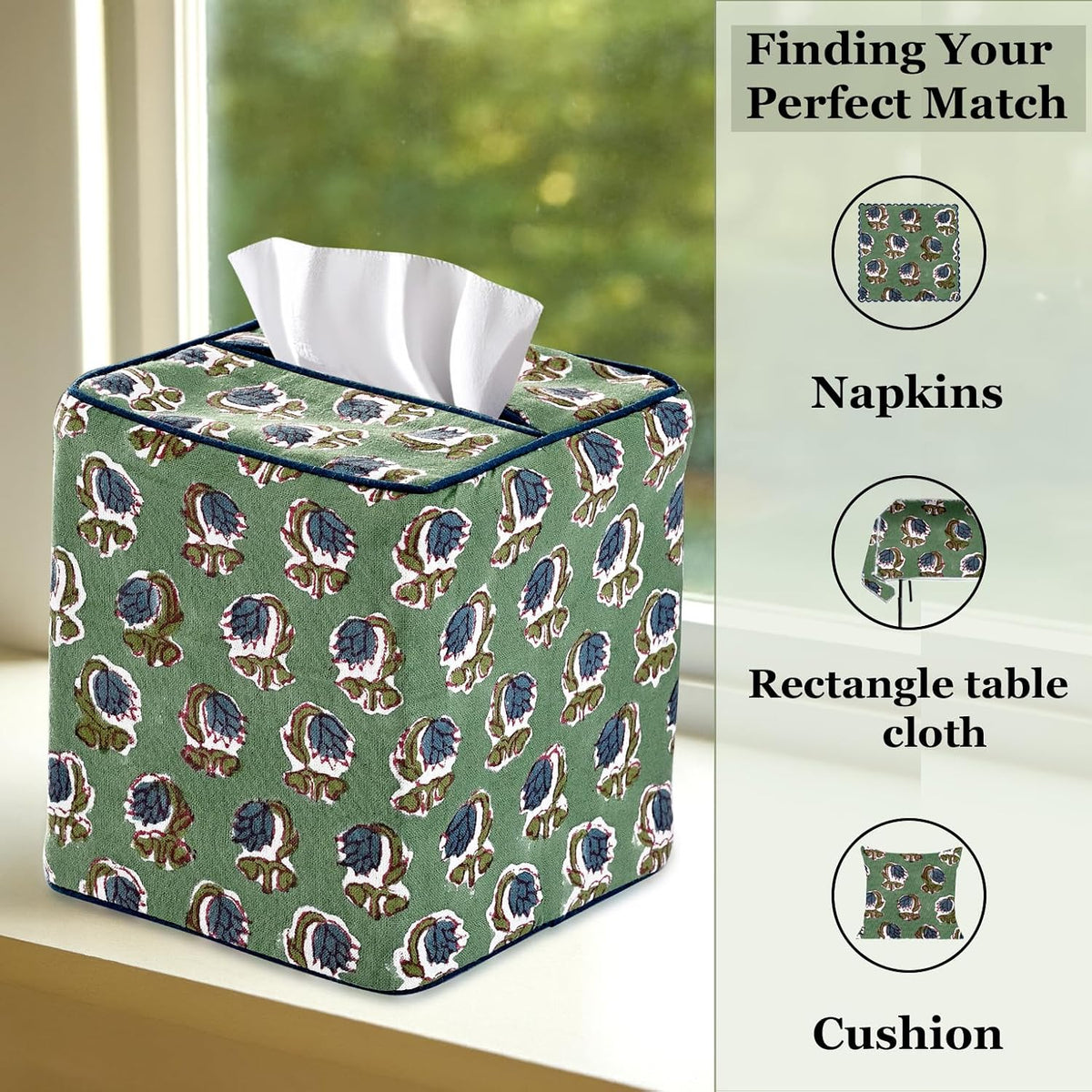 Ridhi Block Print 100% Cotton Square Tissue Box Cover Basil Green