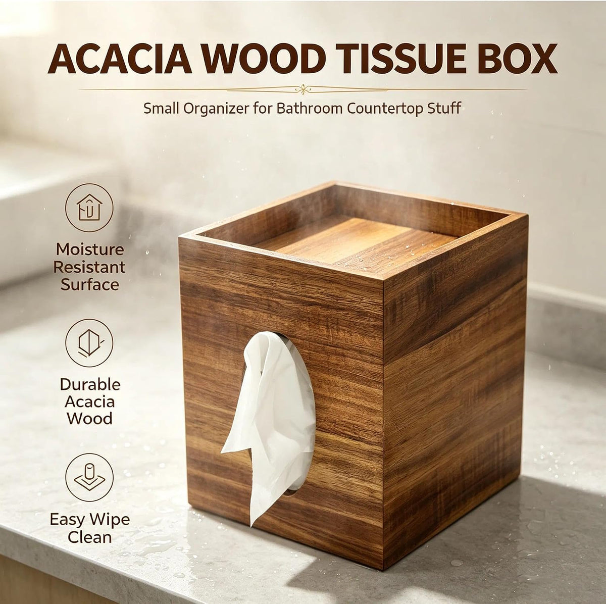 Acacia Wooden Tissue Box Cover, Square Tissue Box Cover with Storage Tray, Decorative Tissues Boxes Covers, Modern Farmhouse Decor Tissues Holder for Bathroom, Bedroom, Dinner Table,Office,Kitchen