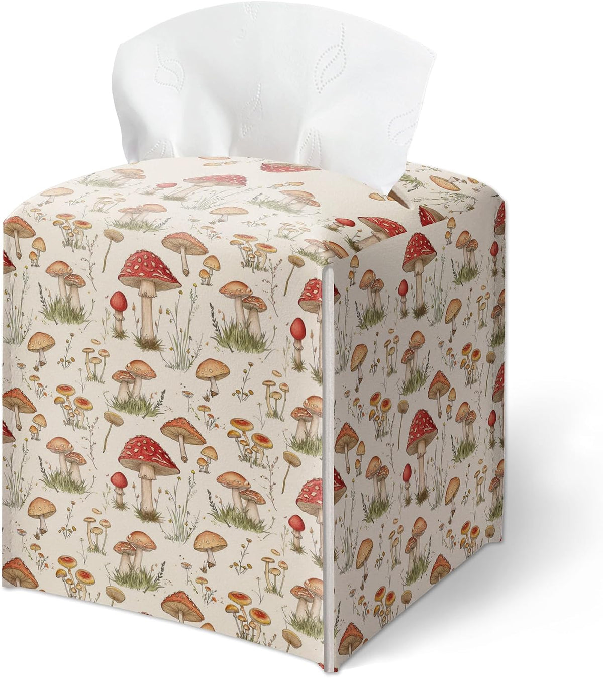 Forest Mushrooms Pattern Tissue Box Cover, Plants Design Leather Tissue Box Holder-Waterproof, Desktop Decor for Living Room Bedroom Nightstand Office, Gift for Women & Friend-A16