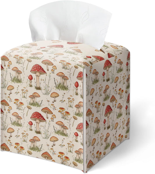 Forest Mushrooms Pattern Tissue Box Cover, Plants Design Leather Tissue Box Holder-Waterproof, Desktop Decor for Living Room Bedroom Nightstand Office, Gift for Women & Friend-A16