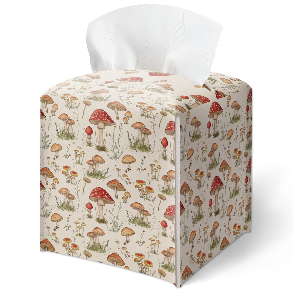 Forest Mushrooms Pattern Tissue Box Cover, Plants Design Leather Tissue Box Holder-Waterproof, Desktop Decor for Living Room Bedroom Nightstand Office, Gift for Women & Friend-A16