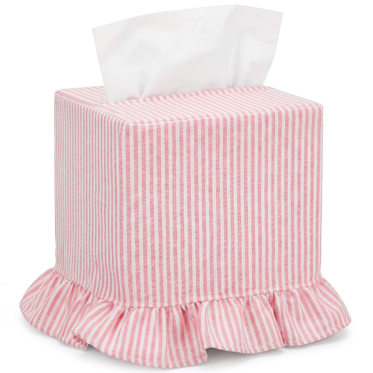 Sawysine Green Striped Fabric Tissue Box Cover, Square Ruffled Farmhouse