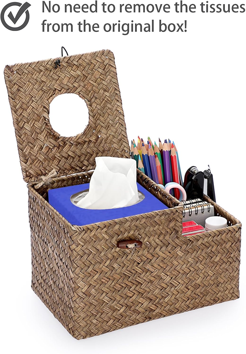 Sumnacon Tissue Box Cover Square Tissue Box Woven Seagrass Tissue Box Holder with Side Organizer, Rustic Tissue Holder for Living Room Bathroom Bedroom Kitchen Office Table Desk, Coffee