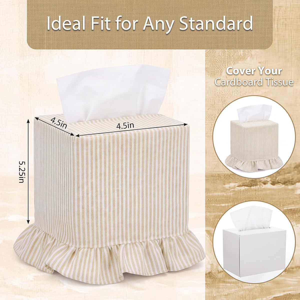 Sawysine Cream Striped Tissue Cover, Boho Ruffled Square Box Holder