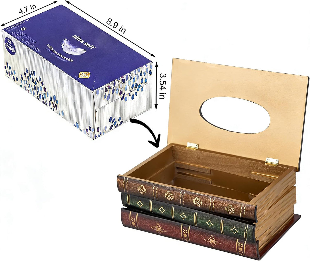 Retro Wooden Antique Book Tissue Box Cover Rectangular Home Library Decor