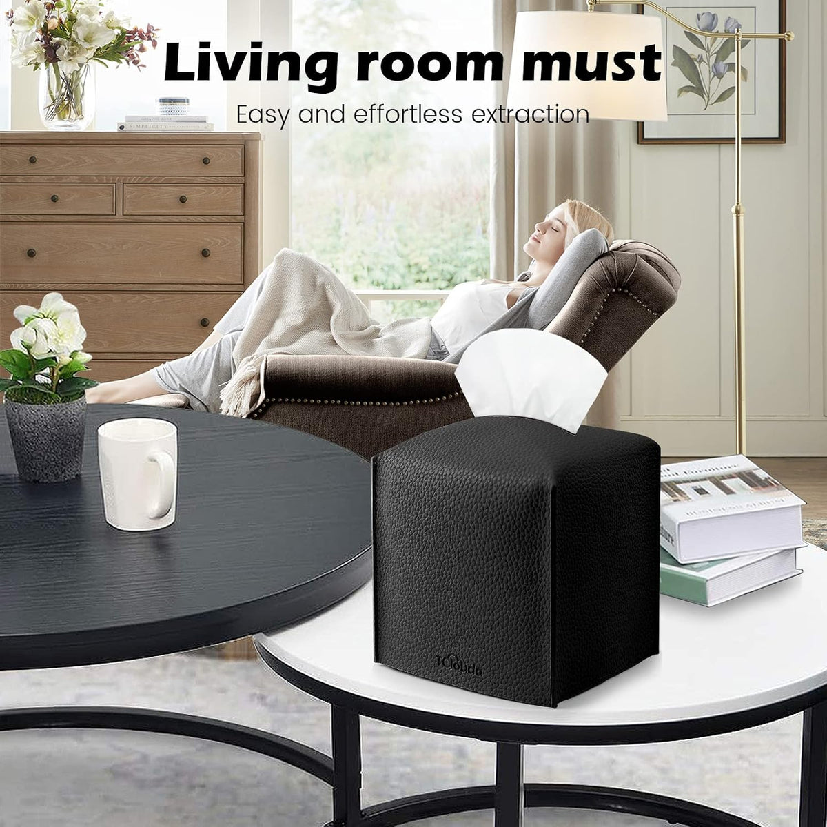 Tissue Box Cover, Tclouda, Modern PU Leather Square Tissue Box Holder for Creative Decorative, 2 Pack, Ideal for Bathrooms/Office/Car/Nightstand/Outdoor Tent/Dining Table, 5"X5"X5", Double Black