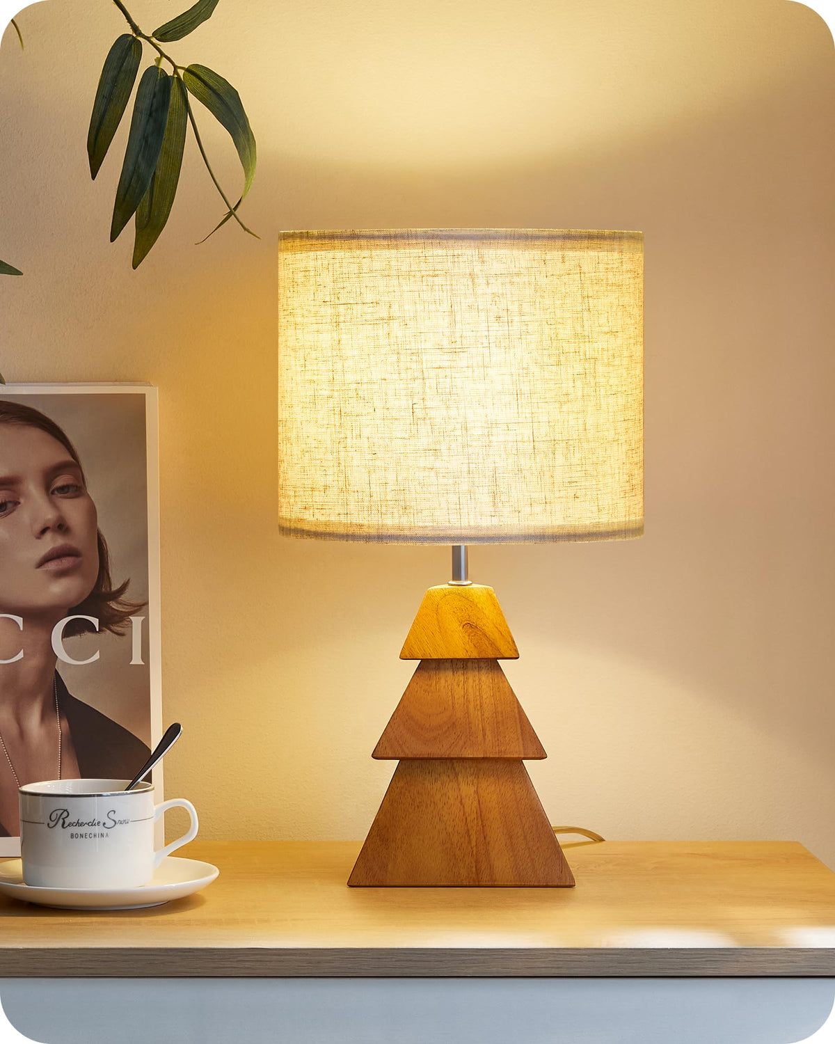 Tripod Table Lamp, 14.6 Inch Small Bedside Lamp with Beige Linen Shade, Modern Nightstand Lamp for Bedroom, Kids Room, Living Room, Nursery, Office, E26 Socket, Dark Wood Base, LE51TL05