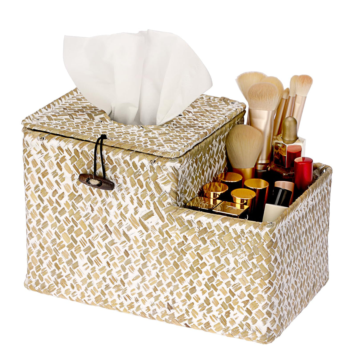 Sumnacon Tissue Box Cover Square Tissue Box Woven Seagrass Tissue Box Holder with Side Organizer, Rustic Tissue Holder for Living Room Bathroom Bedroom Kitchen Office Table Desk, Coffee