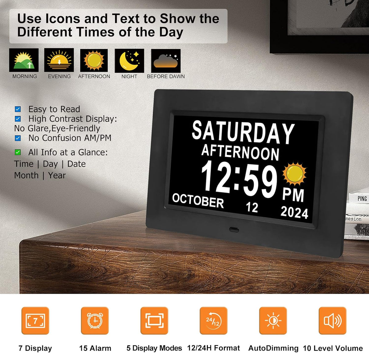 SSINI Digital Calendar Dementia Alarm Clock with Day and Date for Elderly - 15 Alarms 5 Colors Display Large Display Alzheimers Clock Large Digital Clock for Seniors (7in Black)