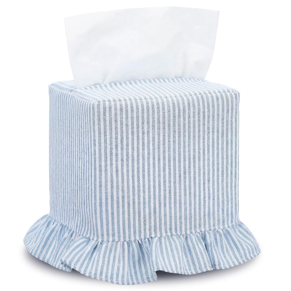 Sawysine Green Striped Fabric Tissue Box Cover, Square Ruffled Farmhouse