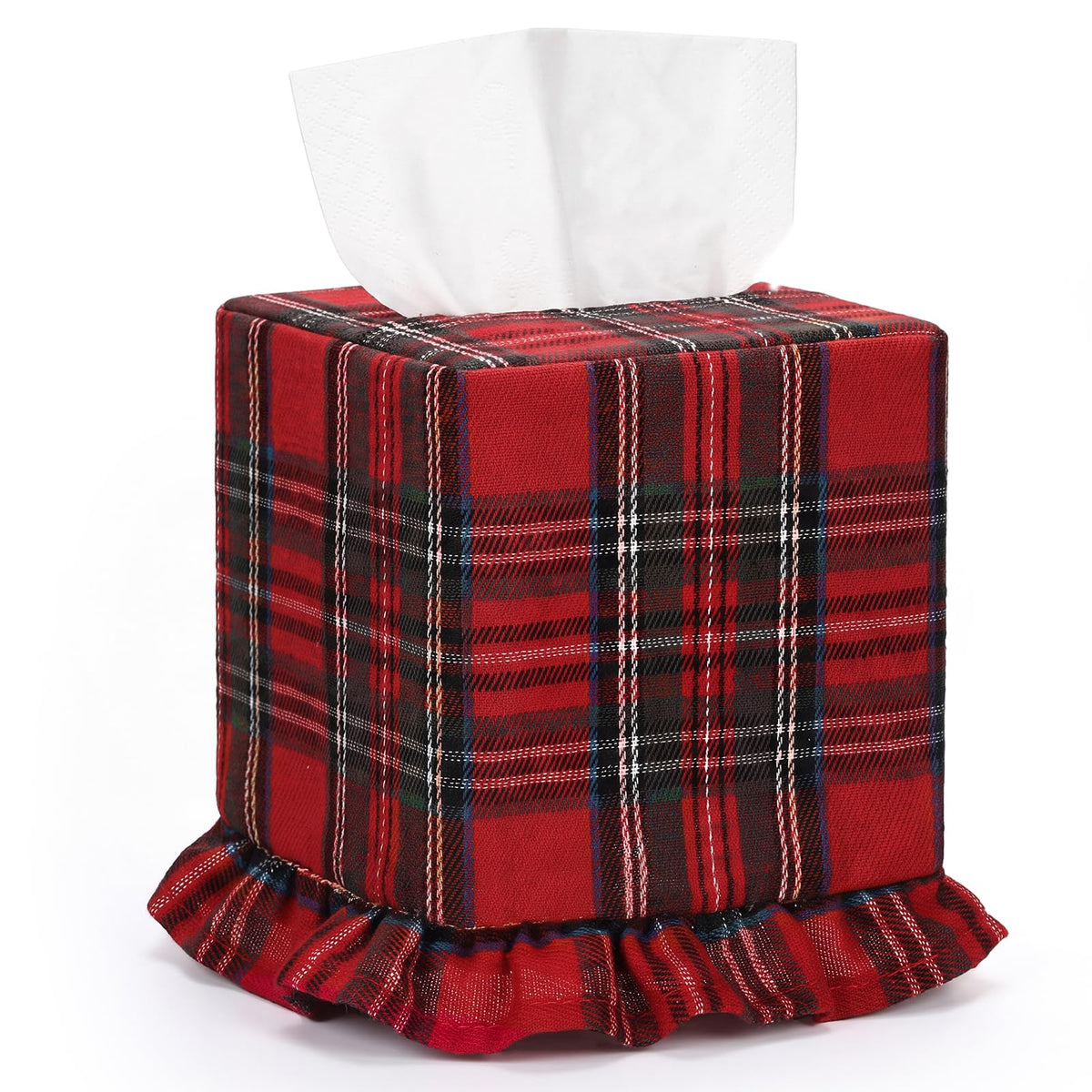 Sawysine Green Striped Fabric Tissue Box Cover, Square Ruffled Farmhouse