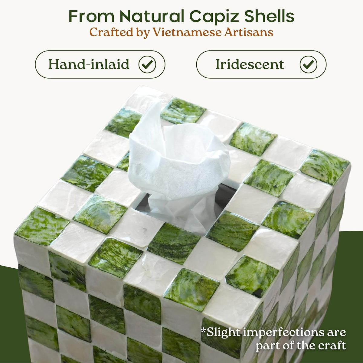 CHI AN HOME 5.5" Capiz Checkered Square Tissue Box Cover, Pistachio Green