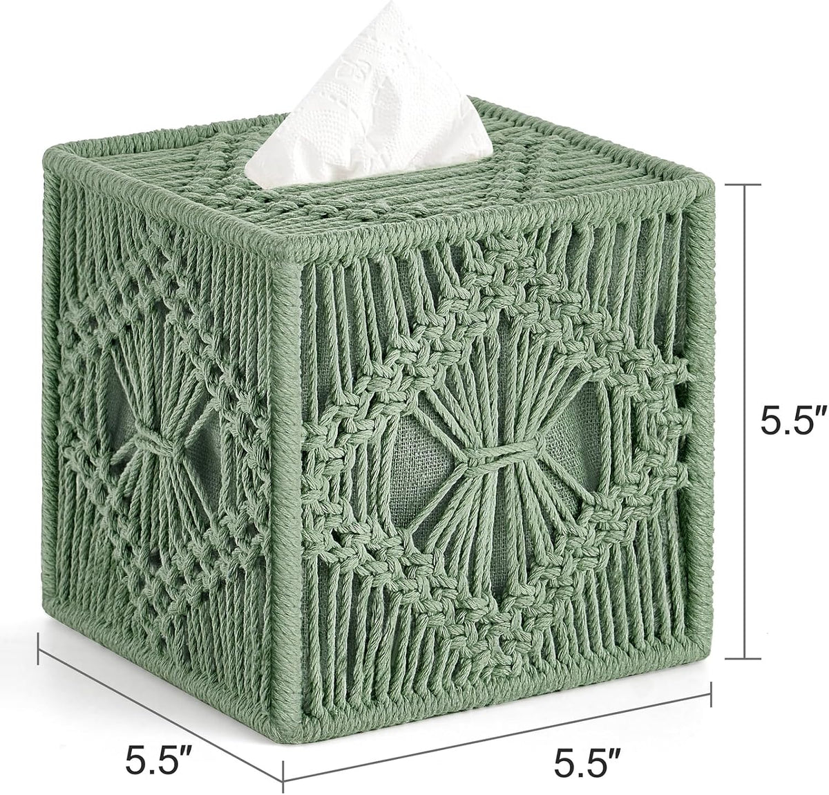 Mkono Tissue Box Cover Square, Boho Macrame Decor Open-Bottom Holder, Green