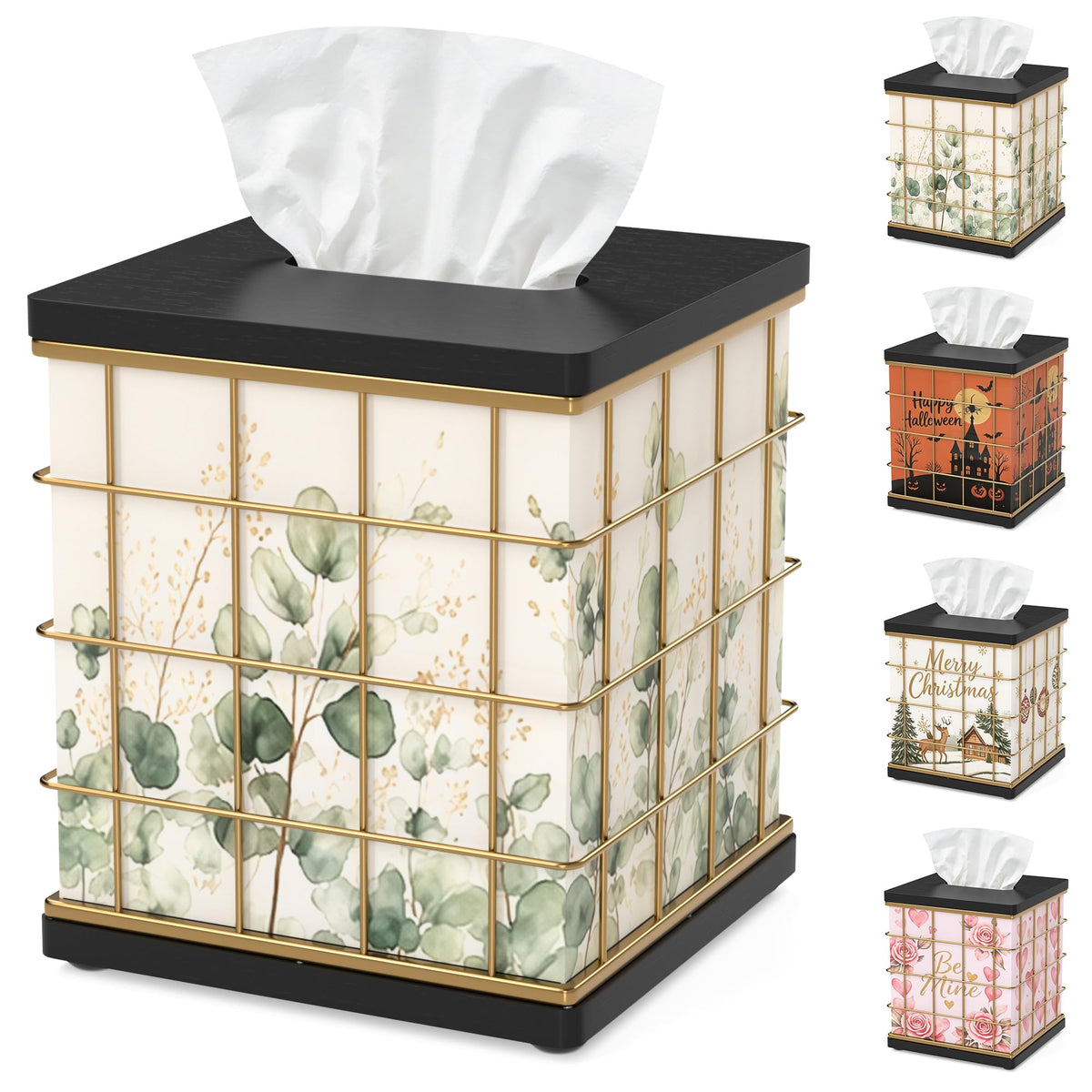 Tissue Box Cover Square Oak Wood & Metal, 4 Seasonal Panels Magnetic Bottom