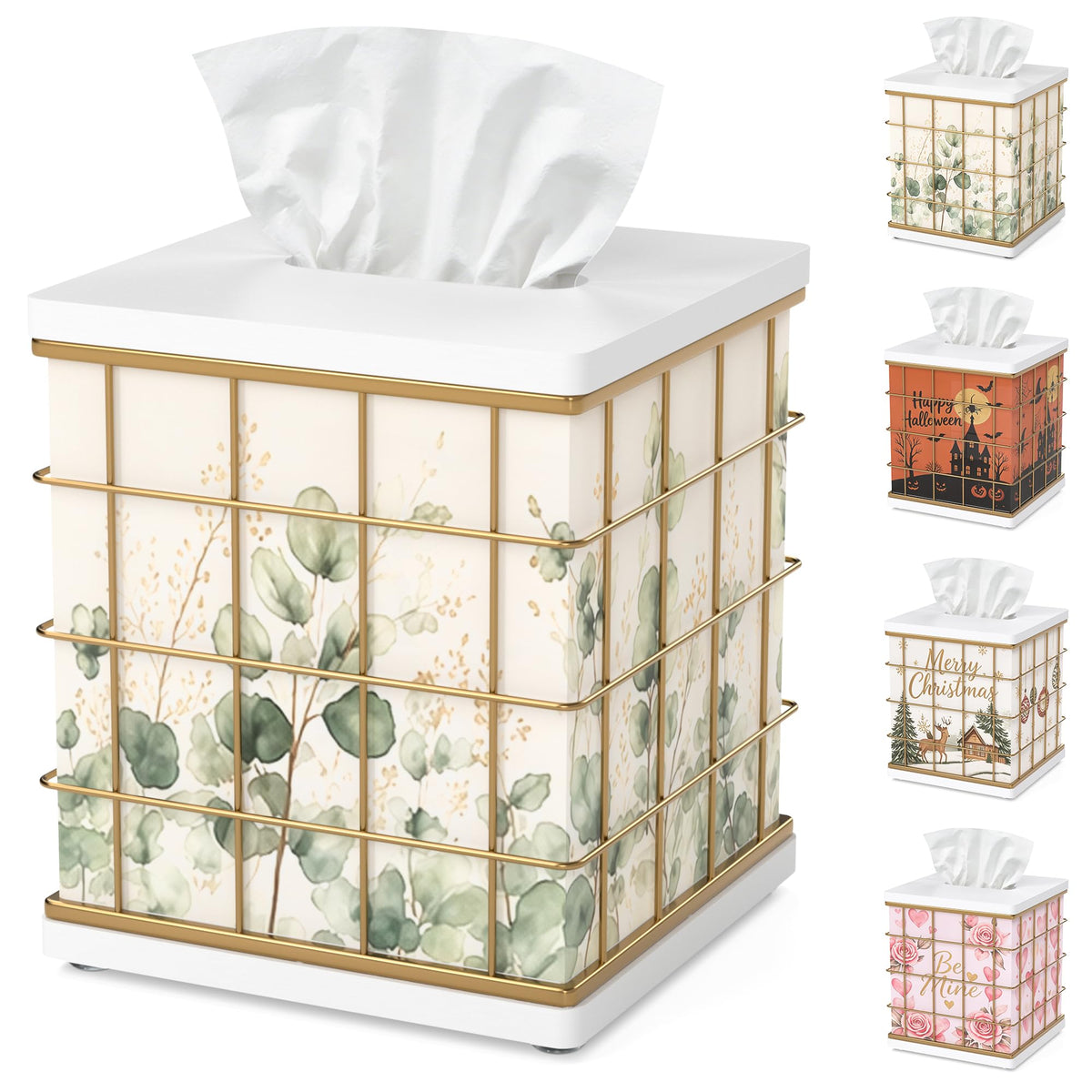 Tissue Box Cover Square Oak Wood & Metal, 4 Seasonal Panels Magnetic Bottom