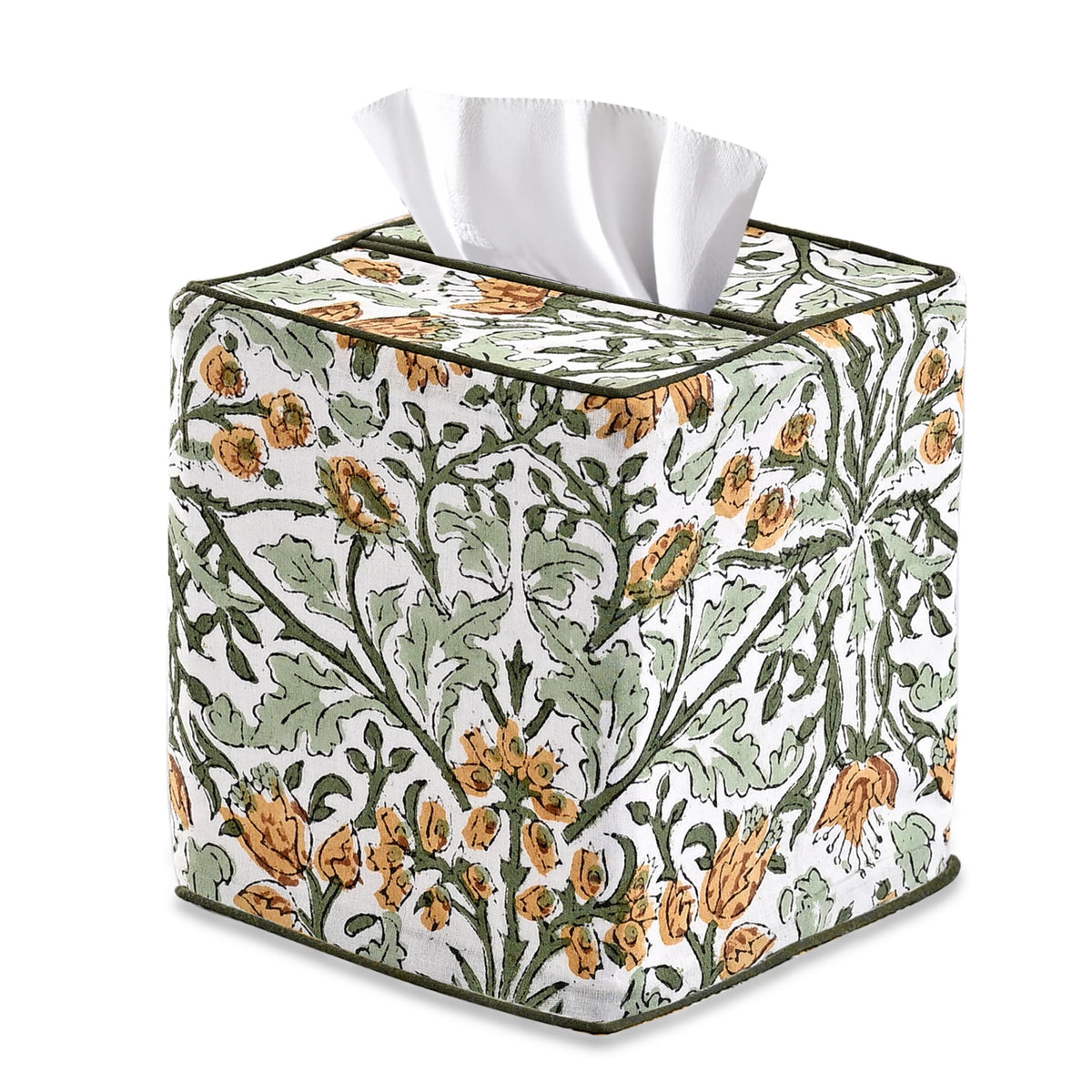 Ridhi Block Print 100% Cotton Square Tissue Box Cover Basil Green