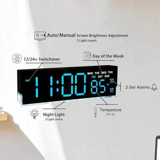 45MinST 7-Inch LED Digital Alarm Clock with Bottom Glow Light｜Displays Time, Date, Day, Temperature｜Dual Alarms, DST, Auto/Manual 3-Level Brightness, Battery or USB Powered Desk Clock,Blue
