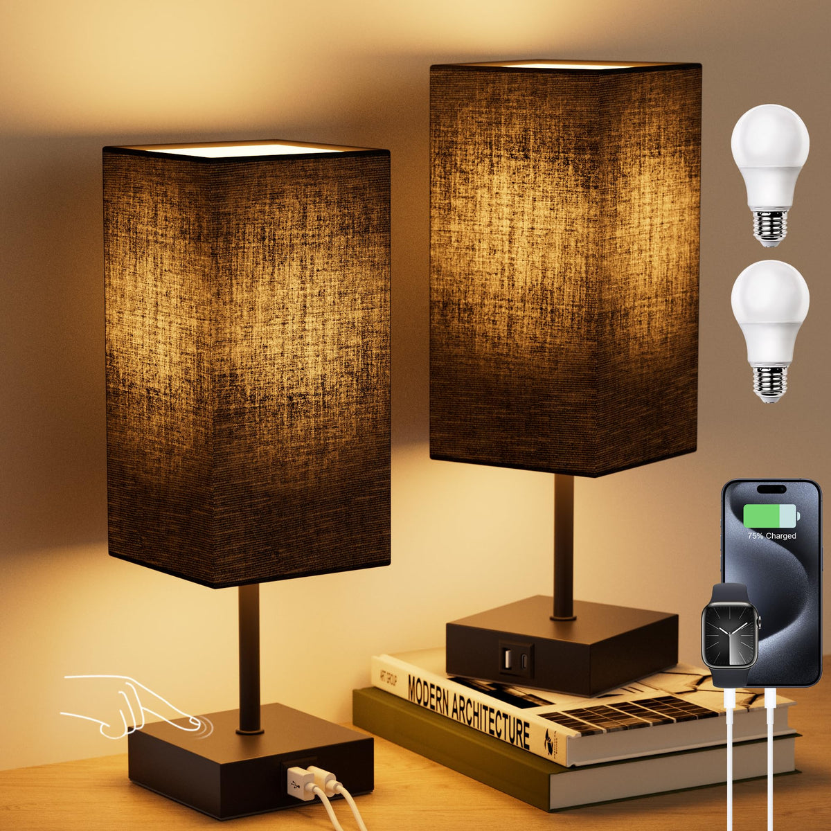 Bedside Table Lamp for Bedroom with 2 USB Ports, 14-Inch, Black