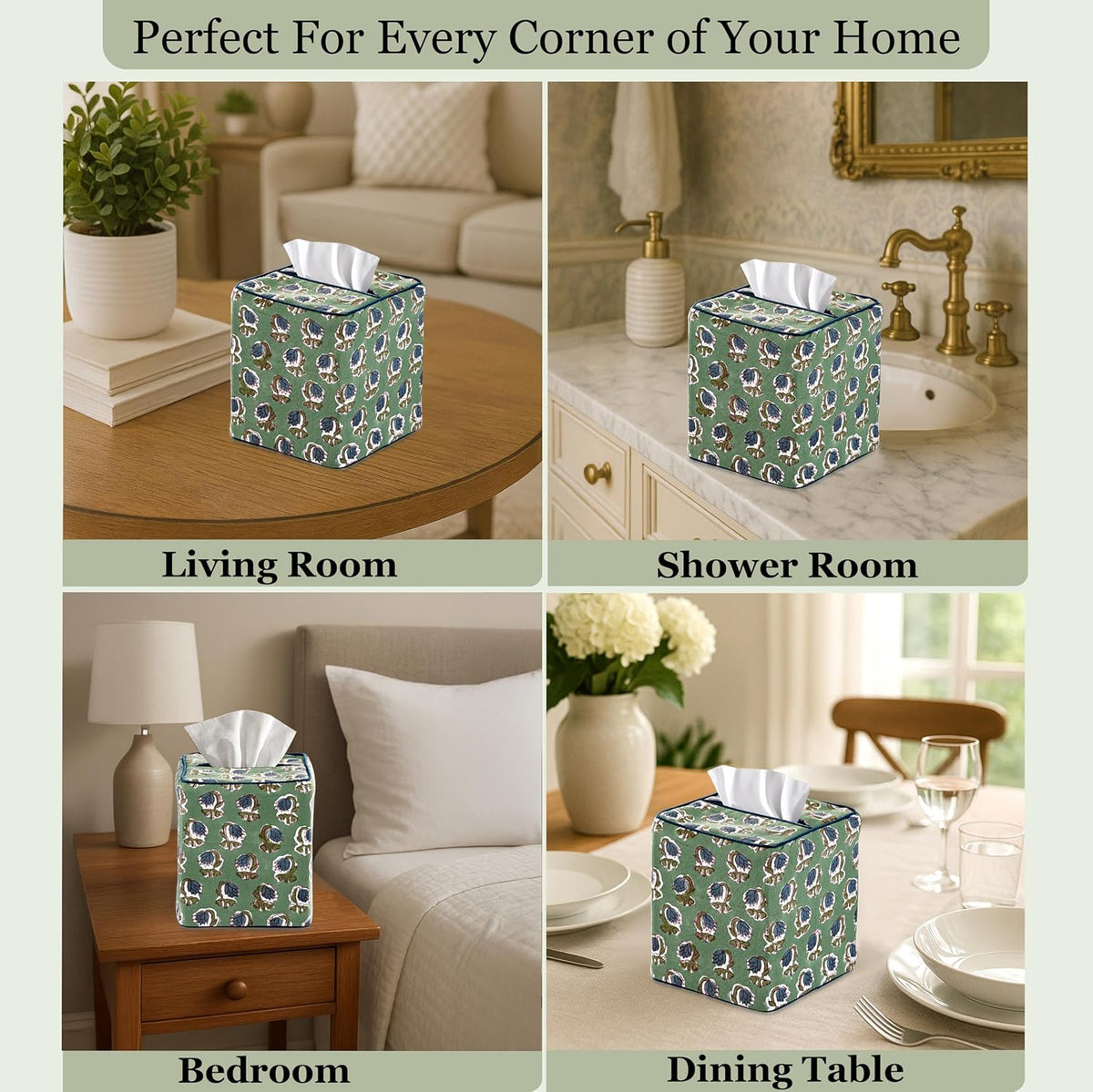 Ridhi Block Print 100% Cotton Square Tissue Box Cover Basil Green