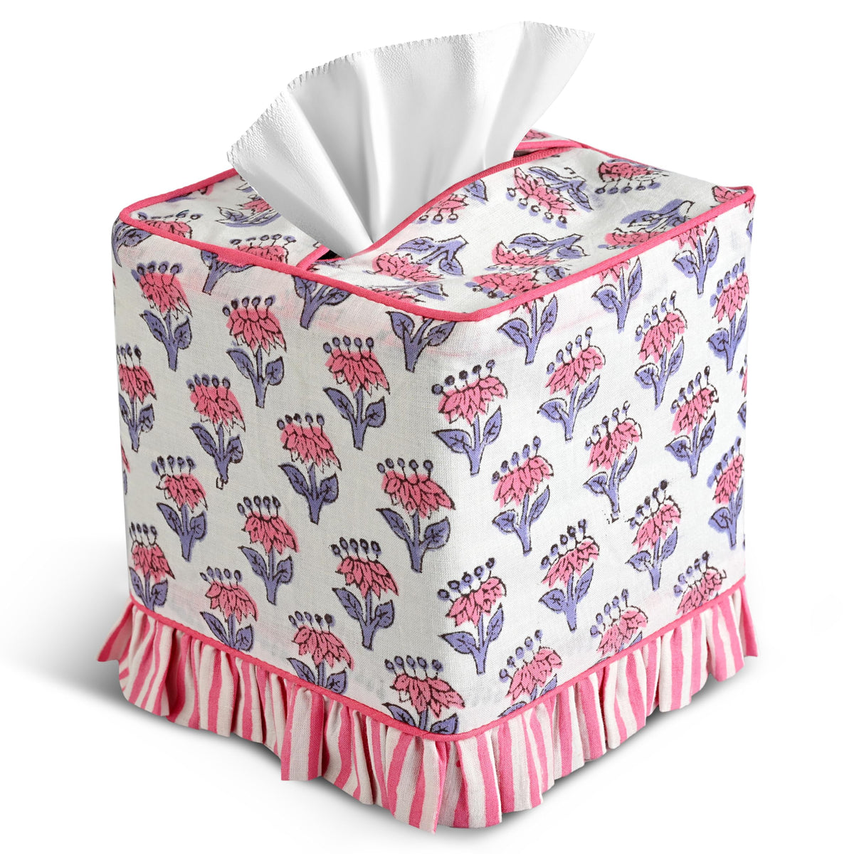 CPC Apatite Blue Hand Block Print Cotton Square Ruffle Tissue Box Cover