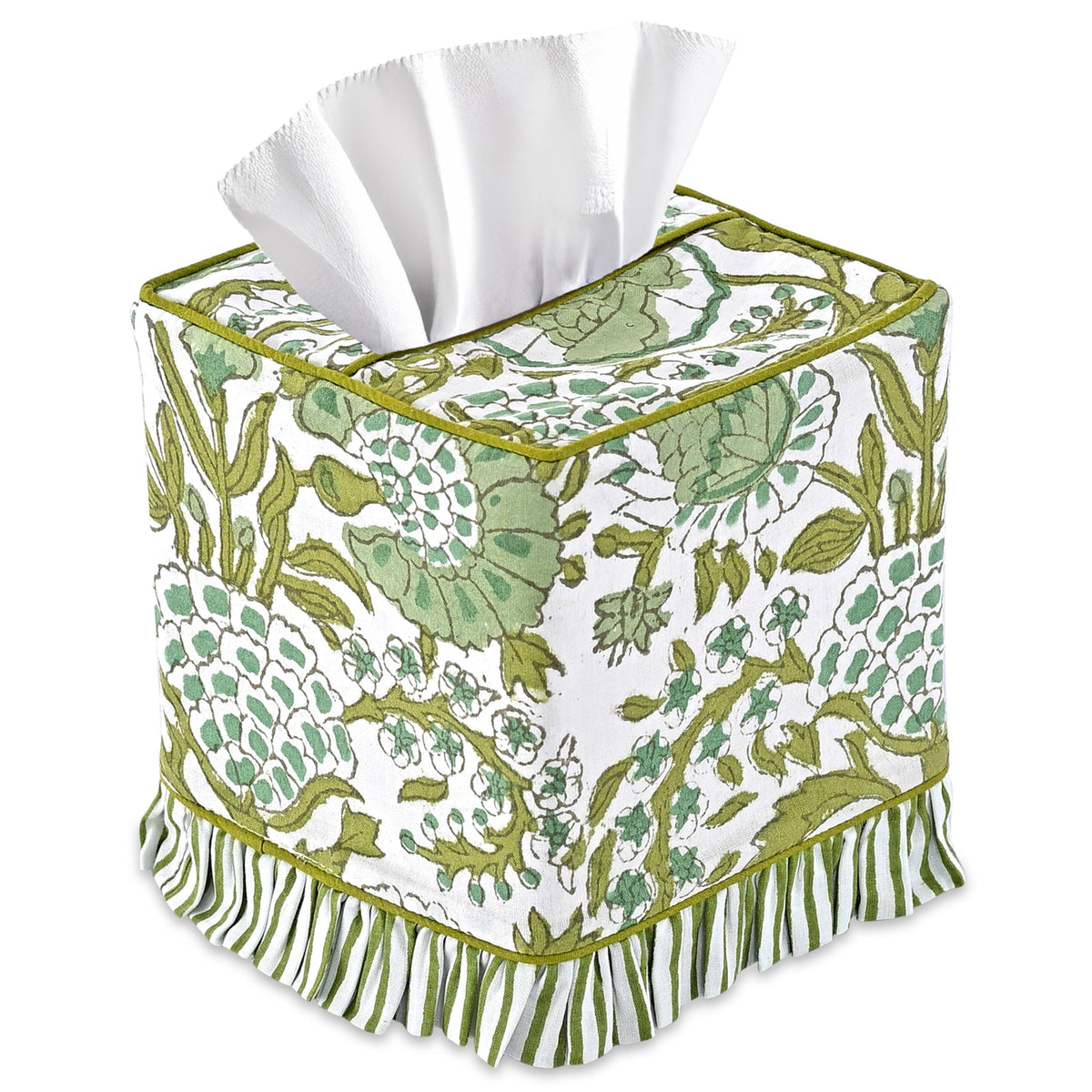 CPC Apatite Blue Hand Block Print Cotton Square Ruffle Tissue Box Cover
