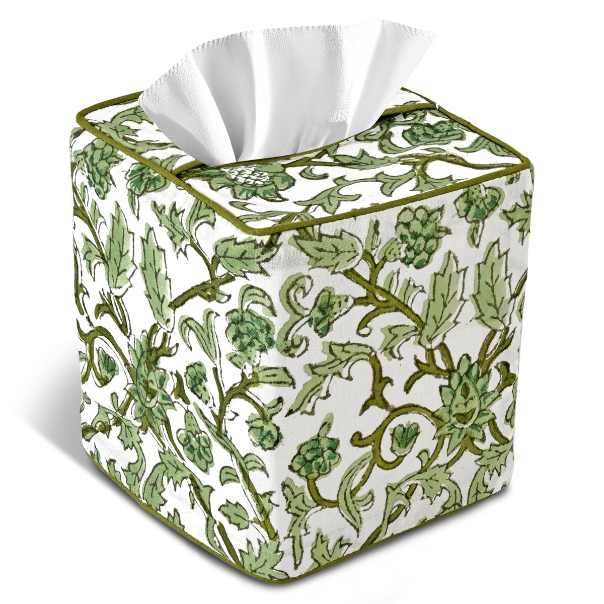 CPC Agate Green Block Print Square Tissue Box Cover 100% Cotton