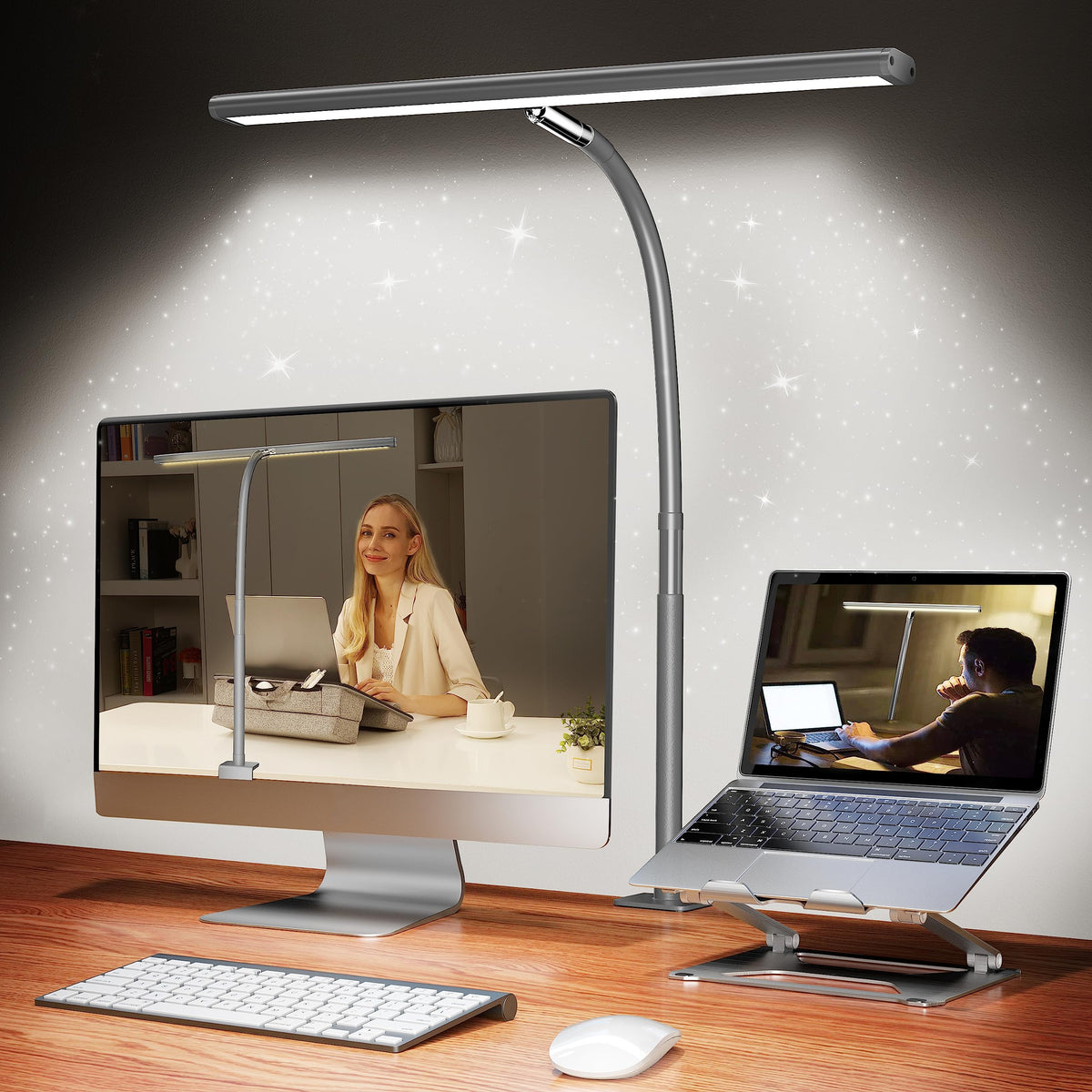 Airlonv LED Desk Lamp with Clamp, 17" Stepless Dimming Light, Black