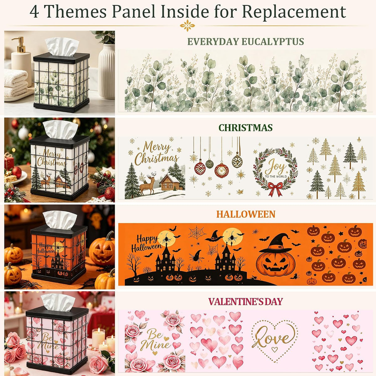 Tissue Box Cover Square Oak Wood & Metal, 4 Seasonal Panels Magnetic Bottom