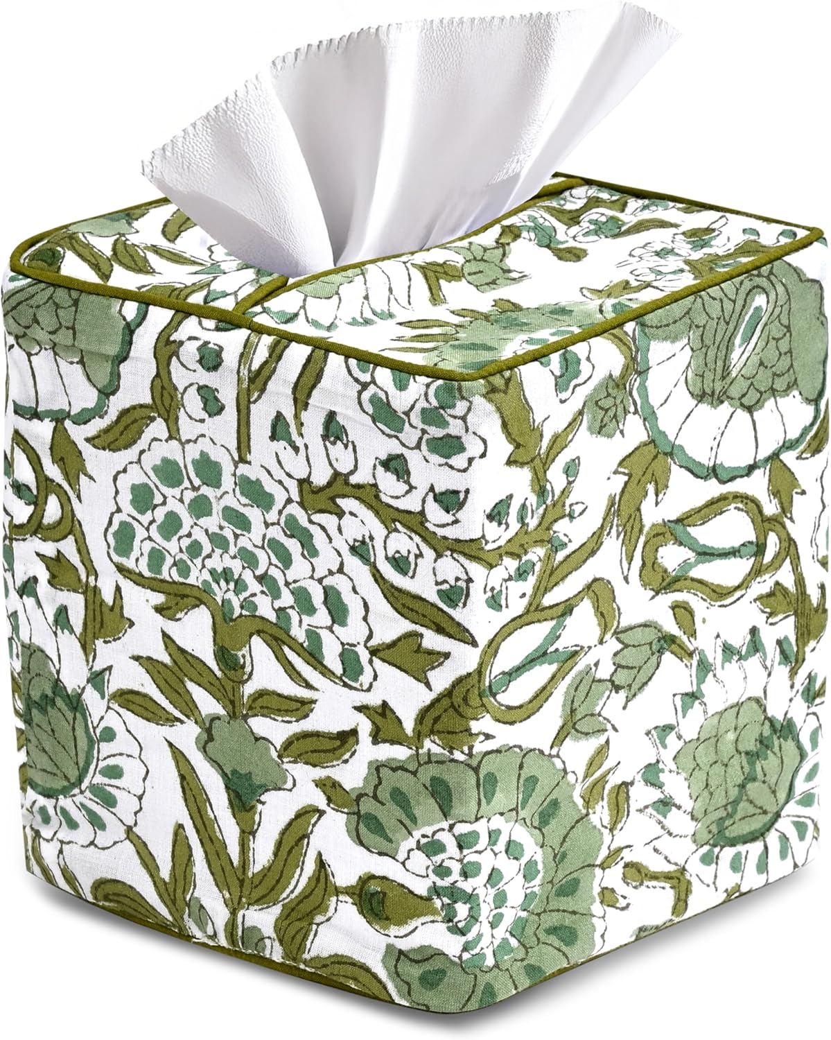 CPC Agate Green Block Print Square Tissue Box Cover 100% Cotton