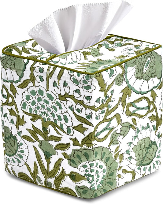 CPC Agate Green Block Print Square Tissue Box Cover 100% Cotton