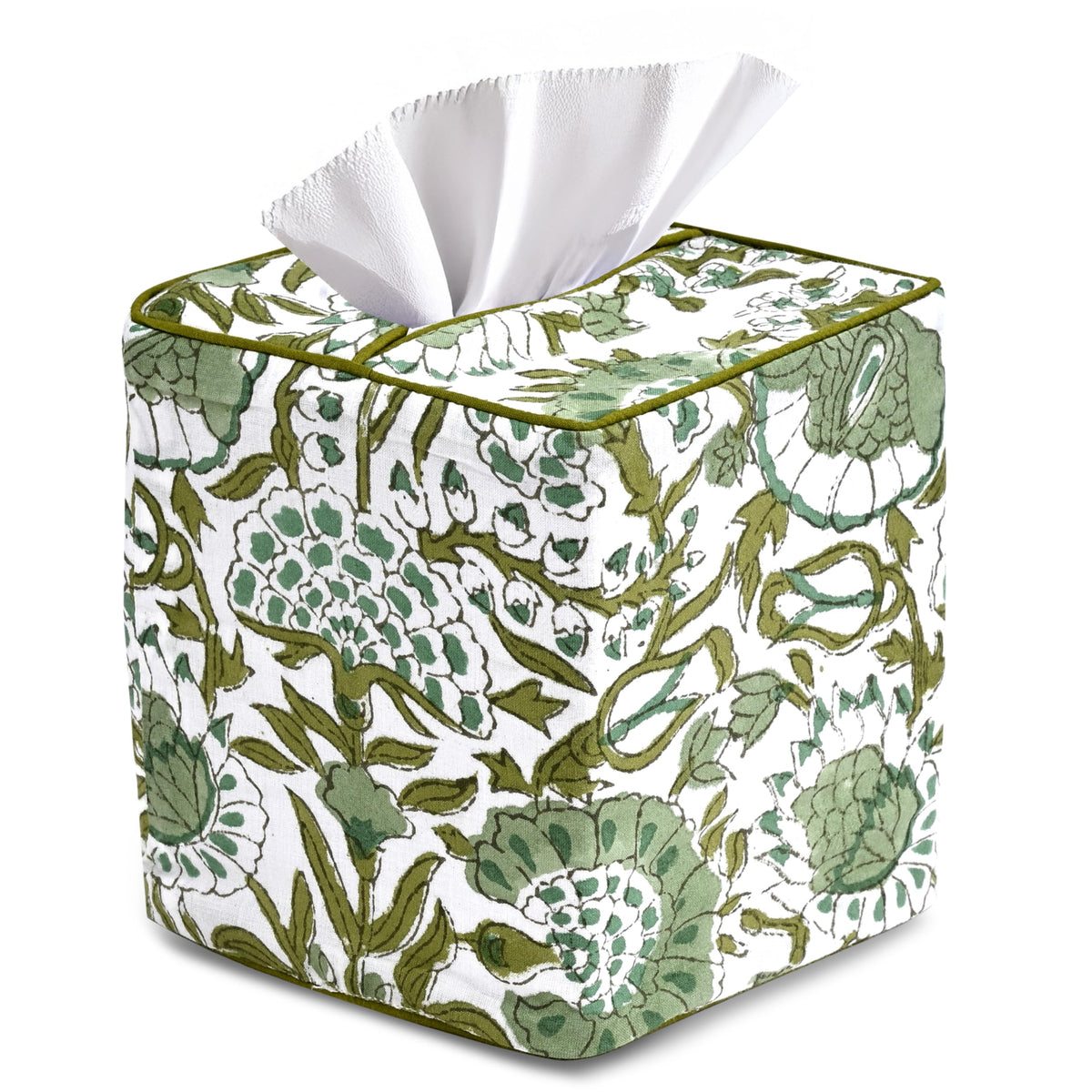 CPC Agate Green Block Print Square Tissue Box Cover 100% Cotton