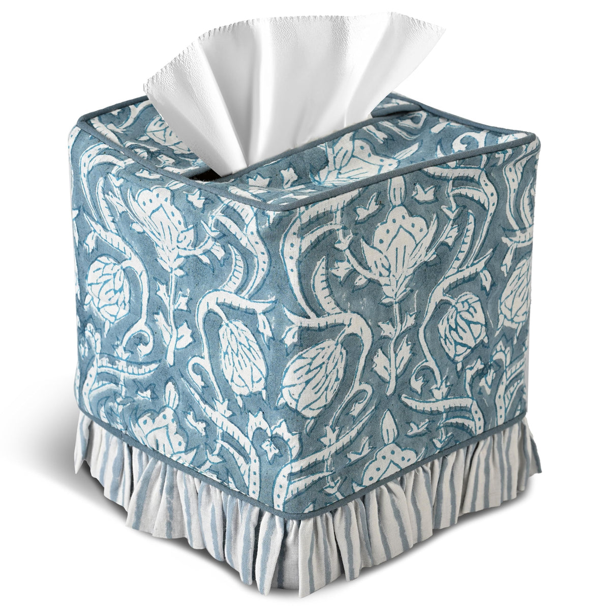 CPC Apatite Blue Hand Block Print Cotton Square Ruffle Tissue Box Cover