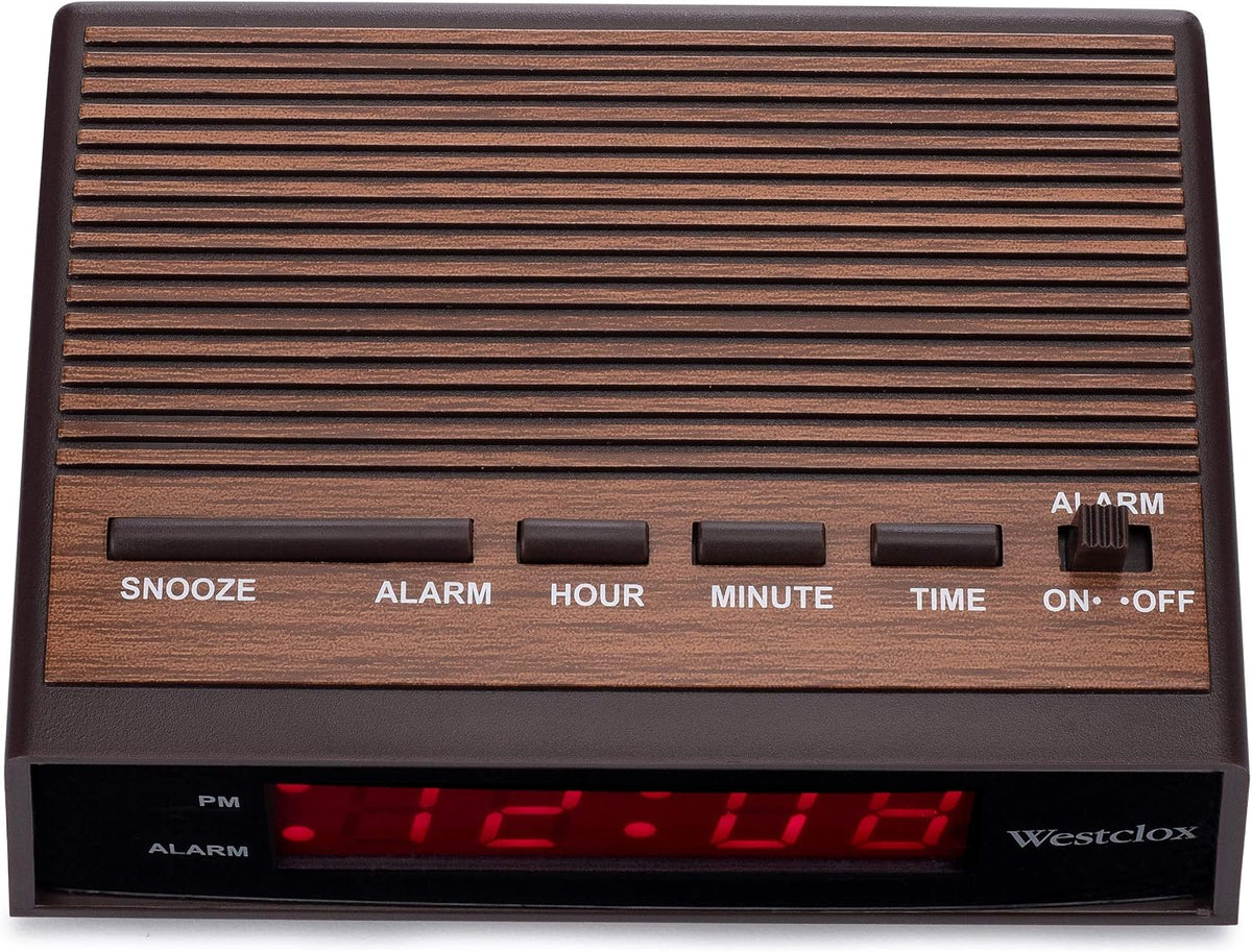 Westclox Retro Wood Style Small Night Table Alarm Clock with Red LED Display, 9-Minute Snooze, Battery Backup, Easy Electric Operation for Bedroom, Home or Office – Woodgrain
