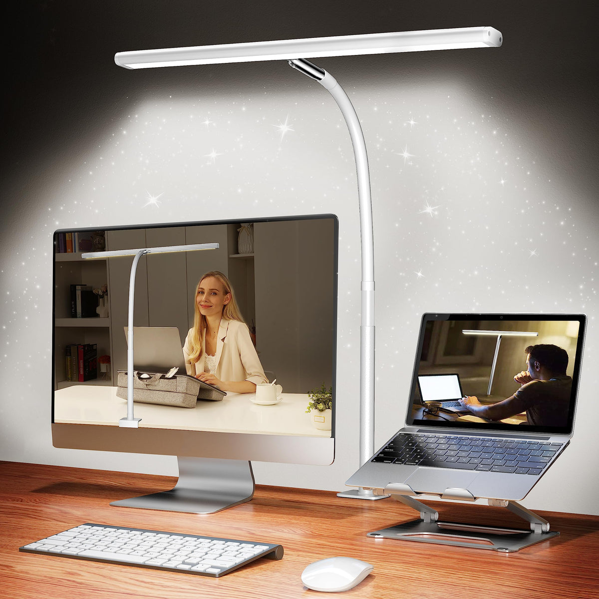 Airlonv LED Desk Lamp with Clamp, 17" Stepless Dimming Light, Black