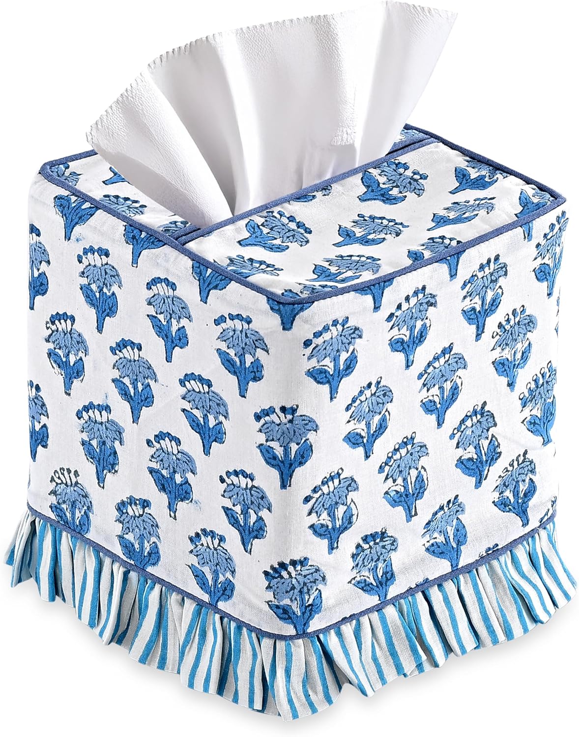 CPC Apatite Blue Hand Block Print Cotton Square Ruffle Tissue Box Cover