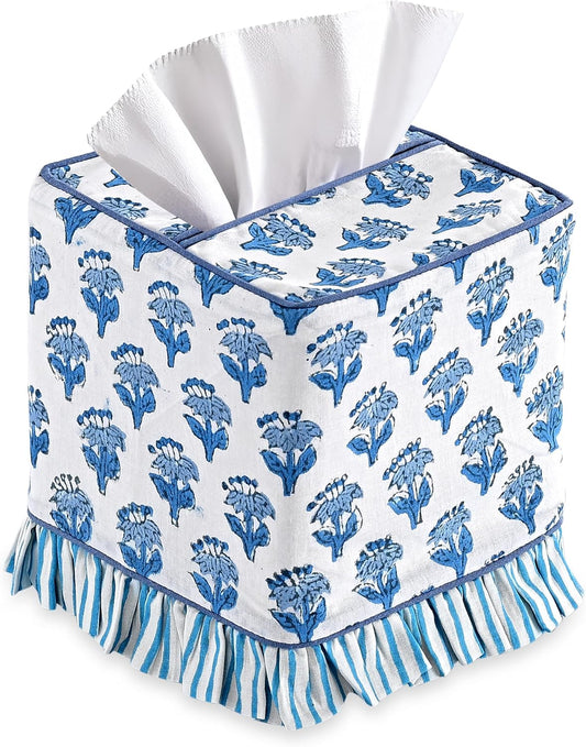 CPC Apatite Blue Hand Block Print Cotton Square Ruffle Tissue Box Cover