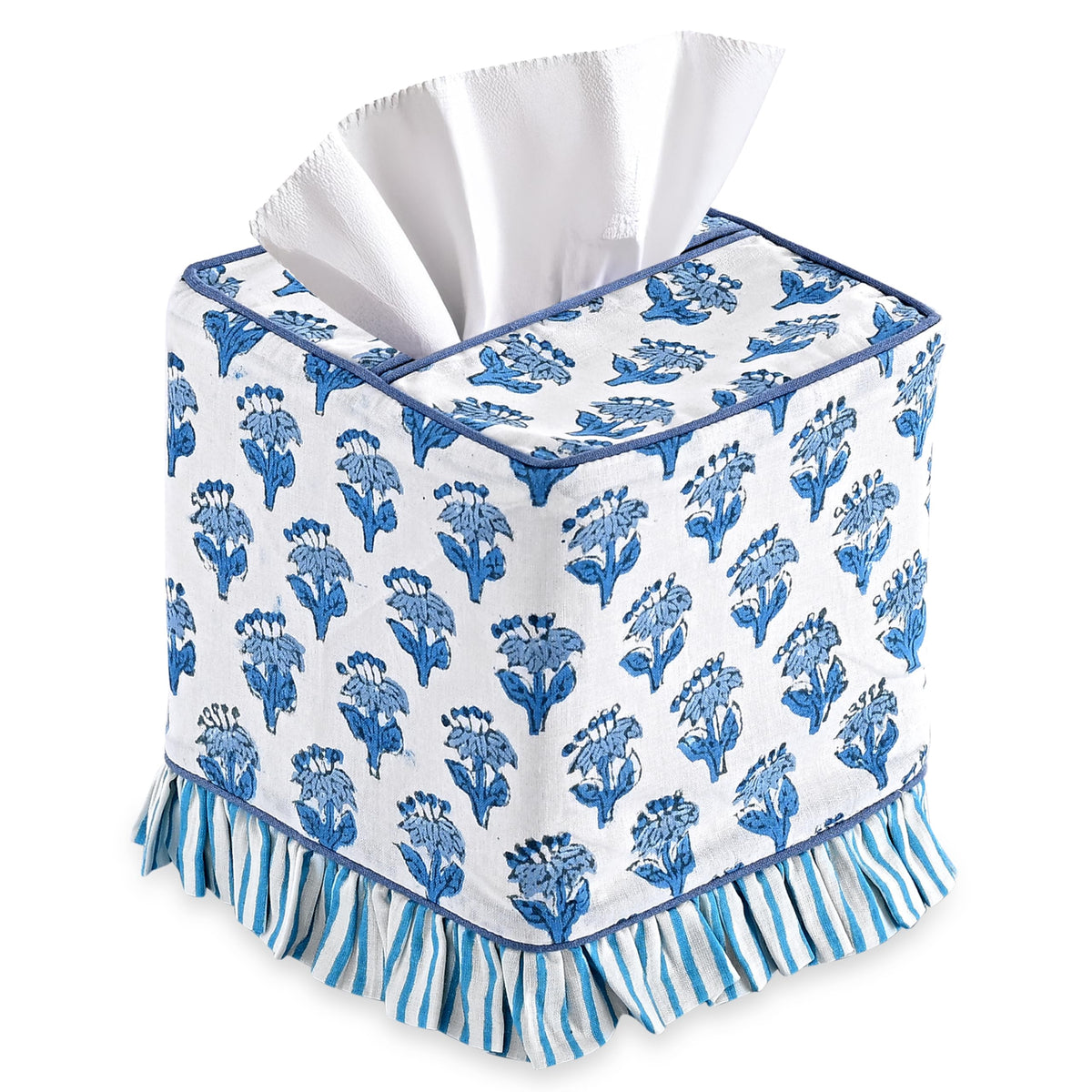 CPC Apatite Blue Hand Block Print Cotton Square Ruffle Tissue Box Cover