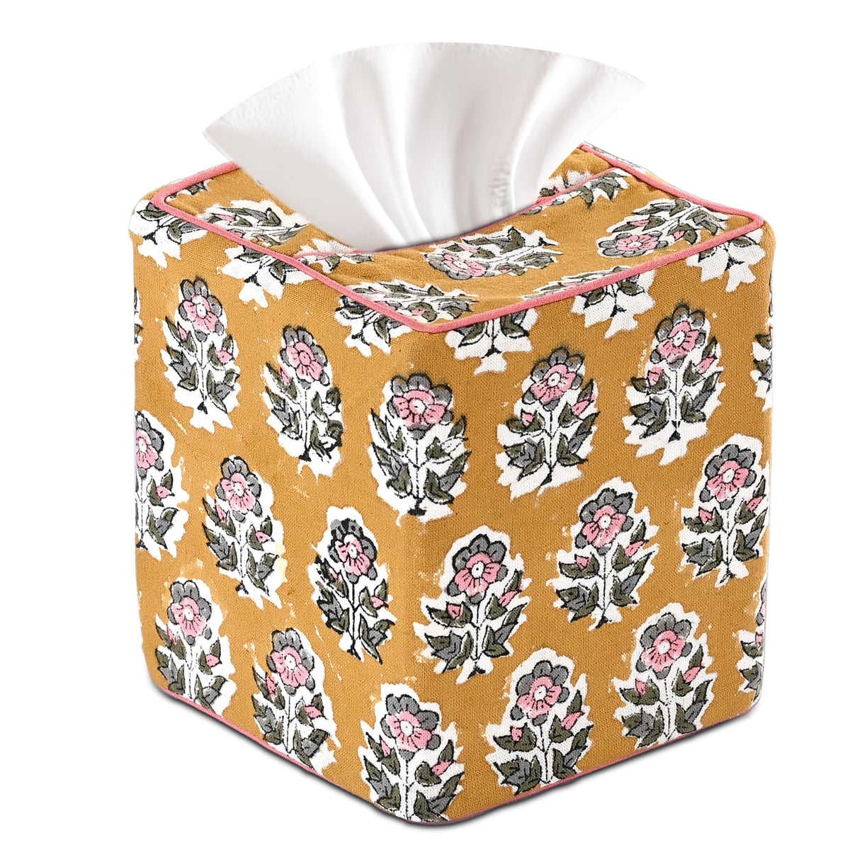 CPC Agate Green Block Print Square Tissue Box Cover 100% Cotton
