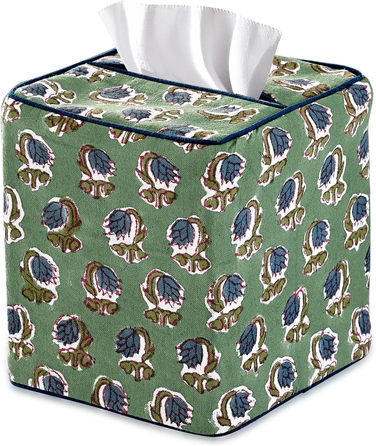 Ridhi Block Print 100% Cotton Square Tissue Box Cover Basil Green