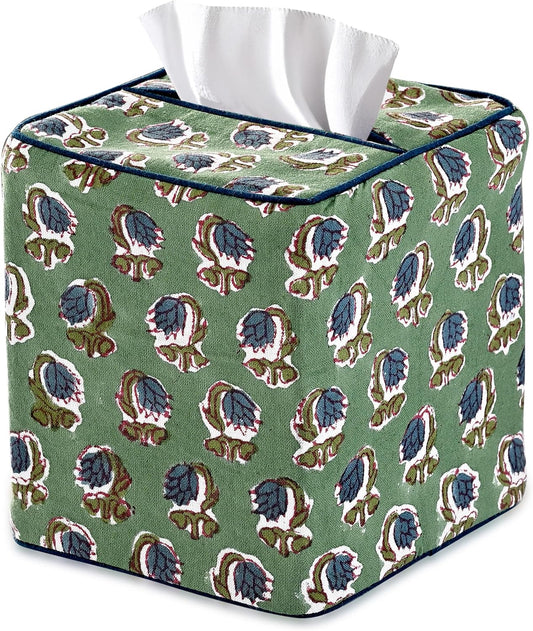 Ridhi Block Print 100% Cotton Square Tissue Box Cover Basil Green