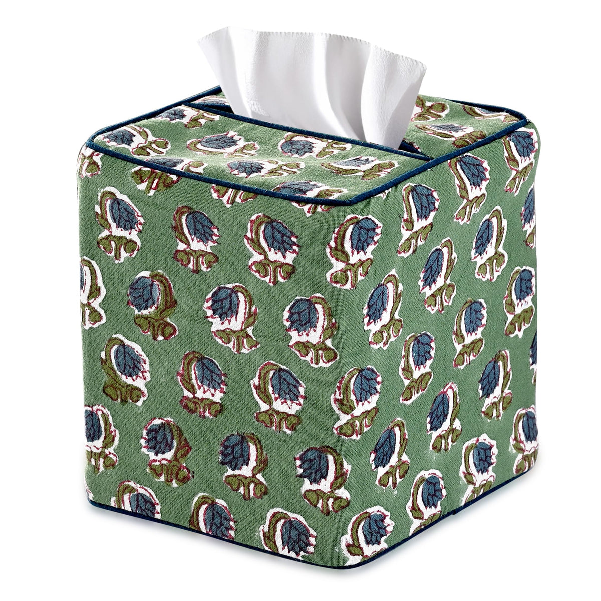 Ridhi Block Print 100% Cotton Square Tissue Box Cover Basil Green