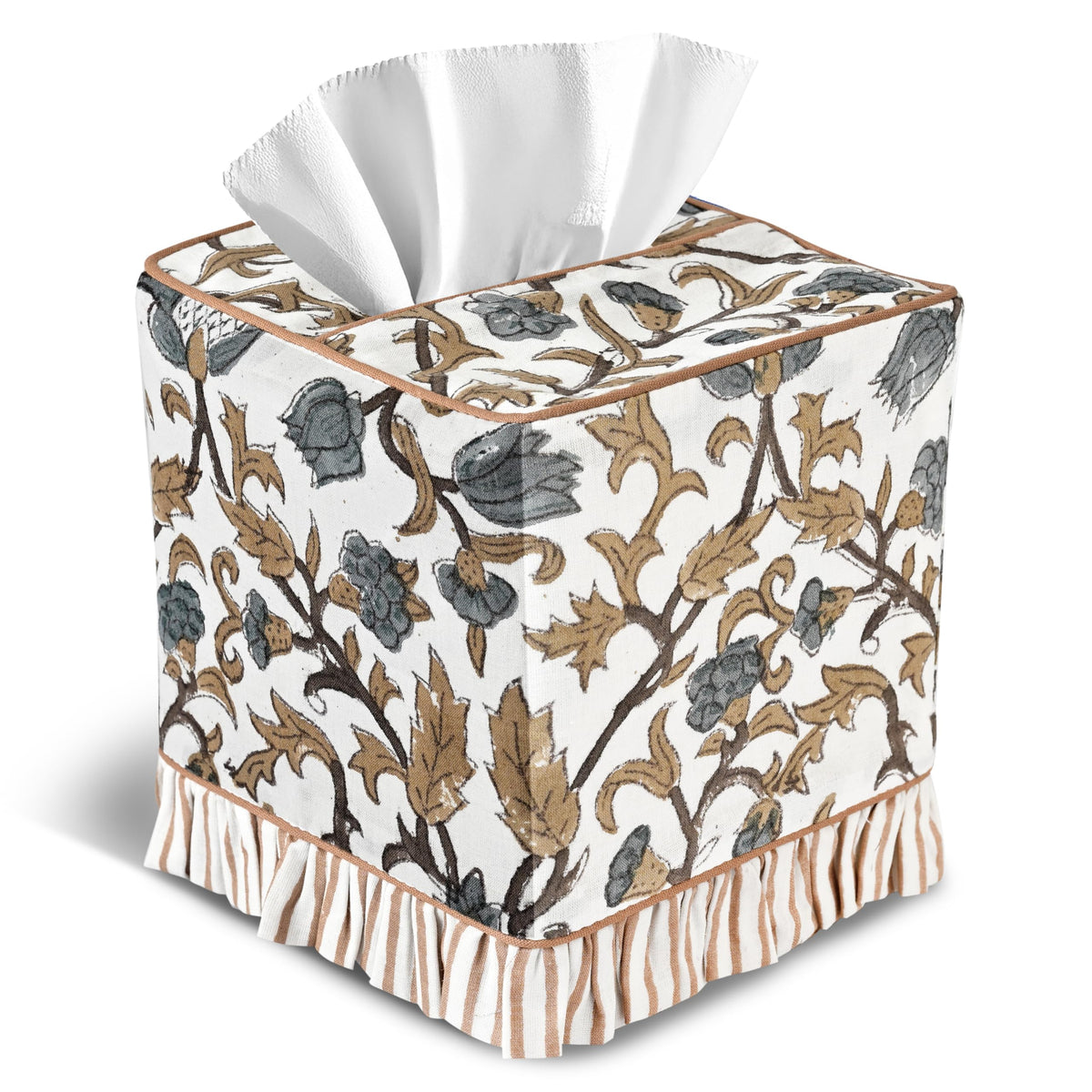 CPC Apatite Blue Hand Block Print Cotton Square Ruffle Tissue Box Cover