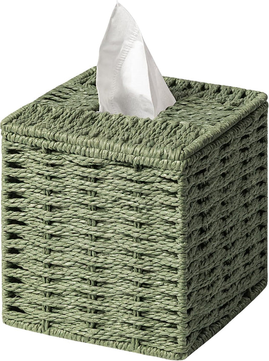 Sage Green Tissue Box Cover, Hand Woven Square Tissue Box Holder