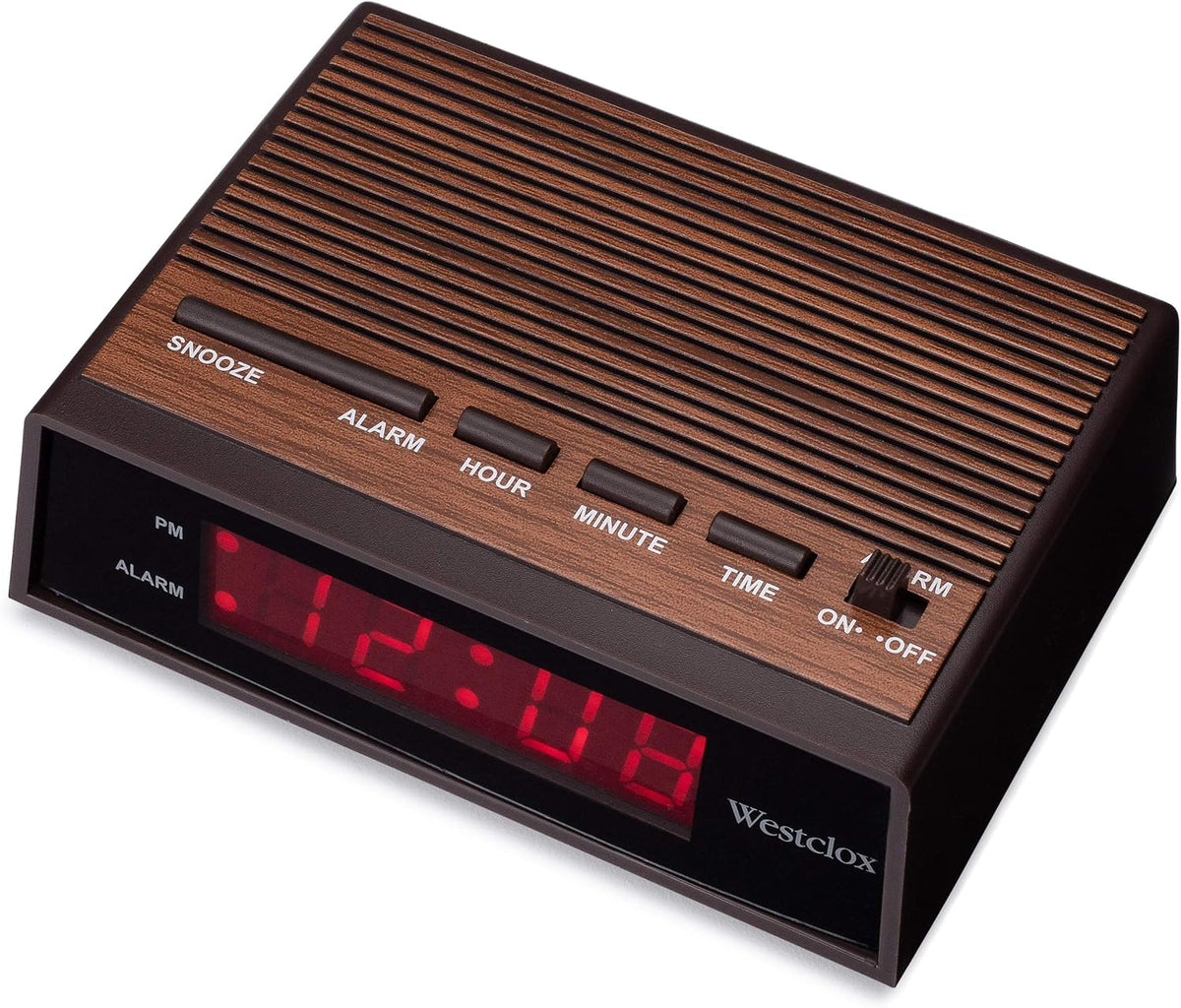 Westclox Retro Wood Style Small Night Table Alarm Clock with Red LED Display, 9-Minute Snooze, Battery Backup, Easy Electric Operation for Bedroom, Home or Office – Woodgrain