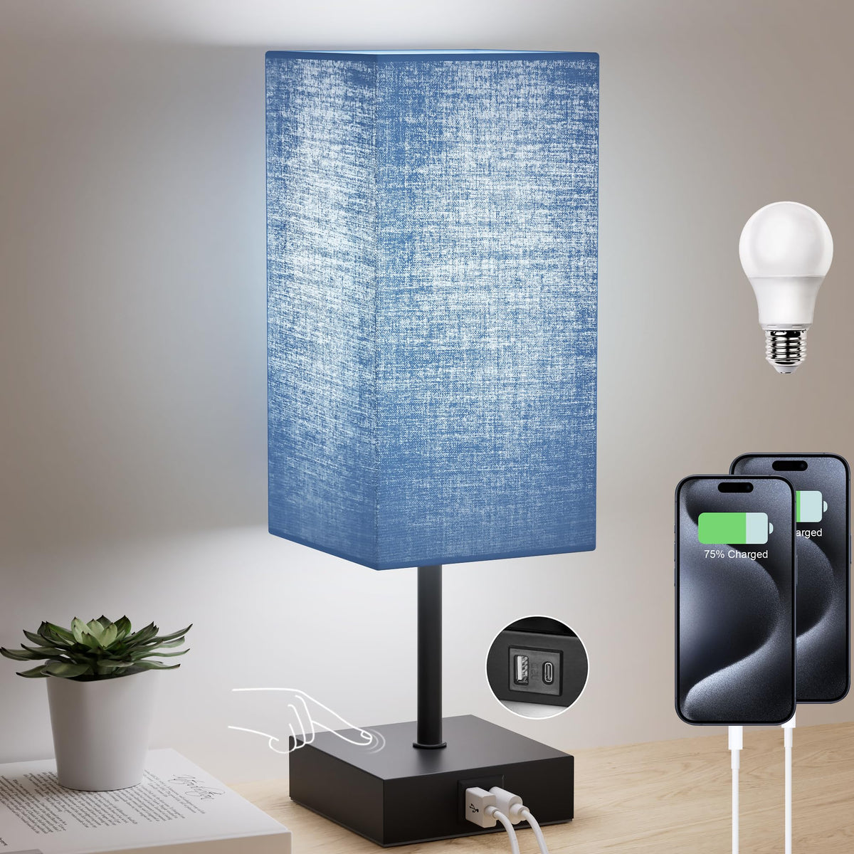 Bedside Table Lamp for Bedroom with 2 USB Ports, 14-Inch, Black